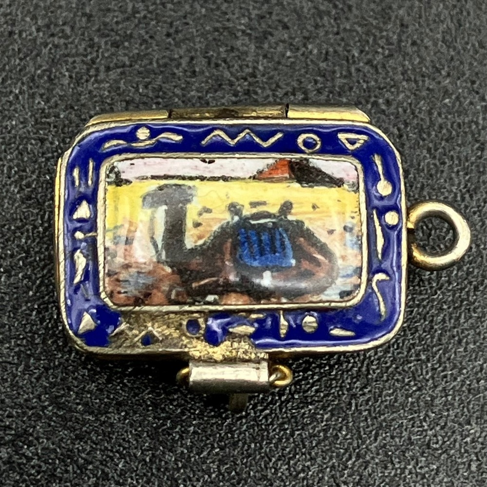 Vtg Egyptian Revival Moses Basket Charm Blue Enamel Camel Pyramid Locket READ
